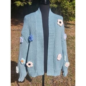 Big 3D FLOWERS Vintage Blue Knit Open Cardigan oversized Art to Wear M L